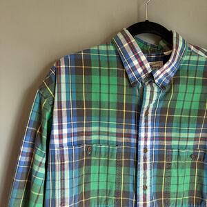 Vintage KENNY ROGERS Men's Xl Green & Blue Plaid Flannel Button Up Shirt PNW
